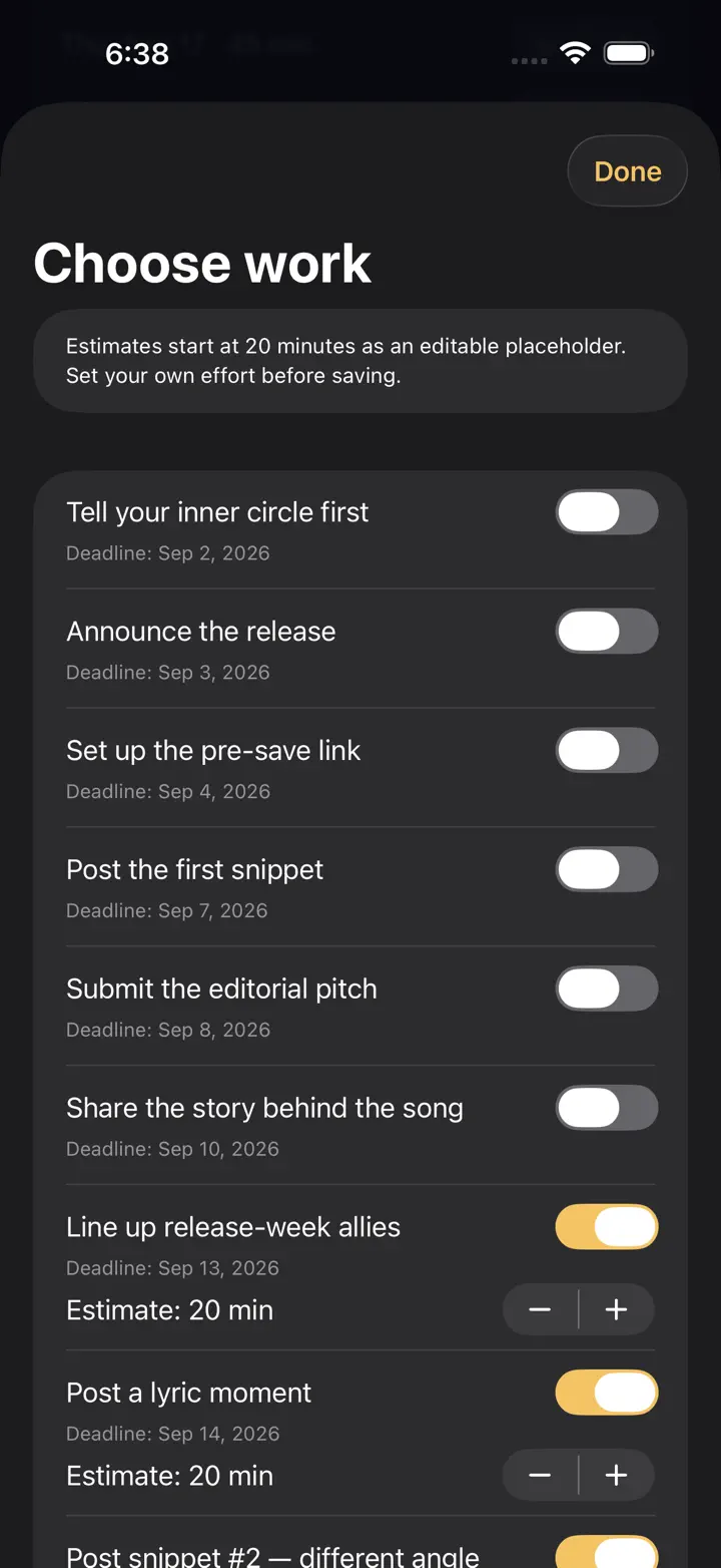 Droplark: Release Planner iPhone 6.7" screenshot 2: Music release rollout planner