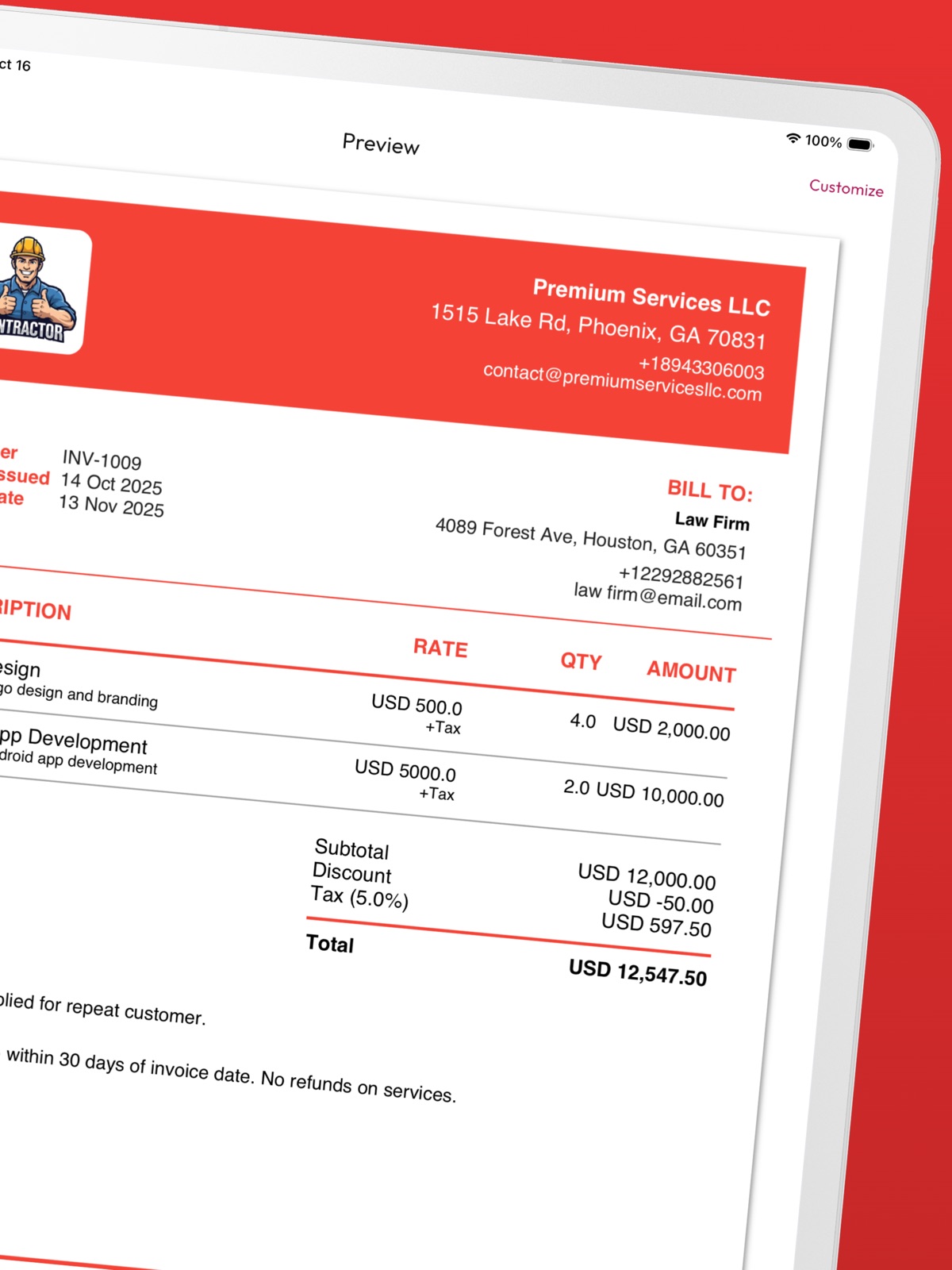 Invoice & Estimate Creator ipad screenshot 2