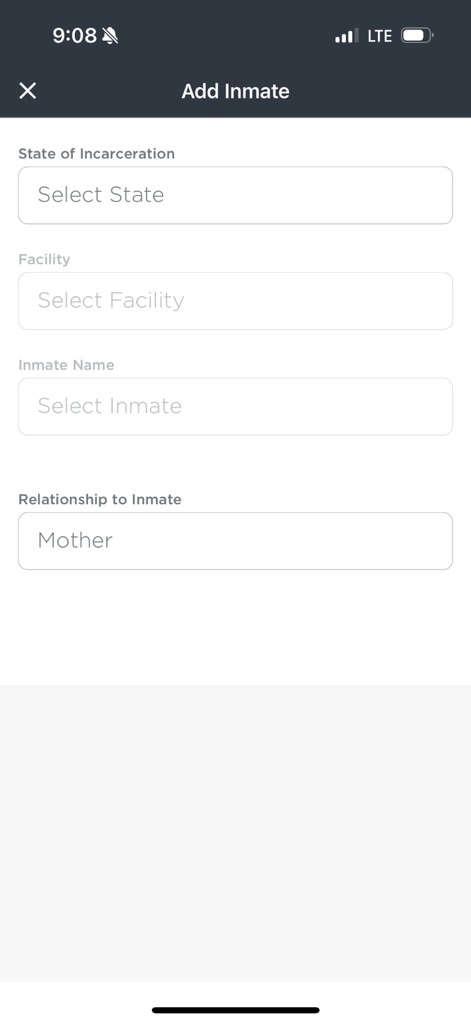 HomeWAV - Users can easily add an inmate by specifying the 'State of Incarceration' and their 'Relationship to Inmate', streamlining the setup process.