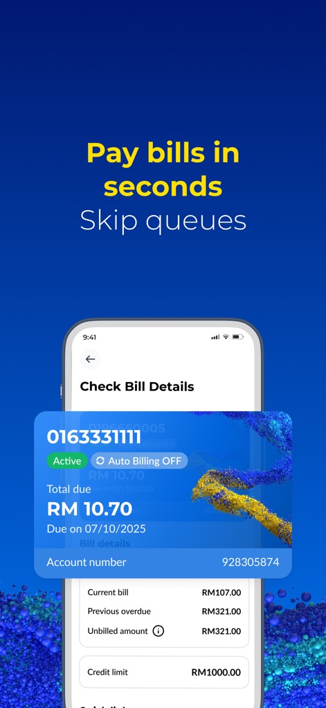CelcomDigi - ユーザーは、この画面で現在の請求額、過去の延滞額、未請求額などの詳細情報を確認できるほか、自身のアカウント番号とクレジット制限情報も閲覧できます。