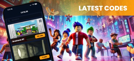 Game Codes for Roblox • - The app's clear "CATALOG" screen highlights popular Roblox games, showing the number of "105 codes" readily available for titles like Brookhaven RP.