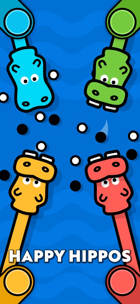 1 2 3 4 Player Games - Questo screenshot mostra "Happy Hippos", un gioco in cui quattro simpatici ippopotami di diversi colori mangiano pallini neri e bianchi, con i connettori colorati per i giocatori ben visibili nella parte superiore e inferiore.