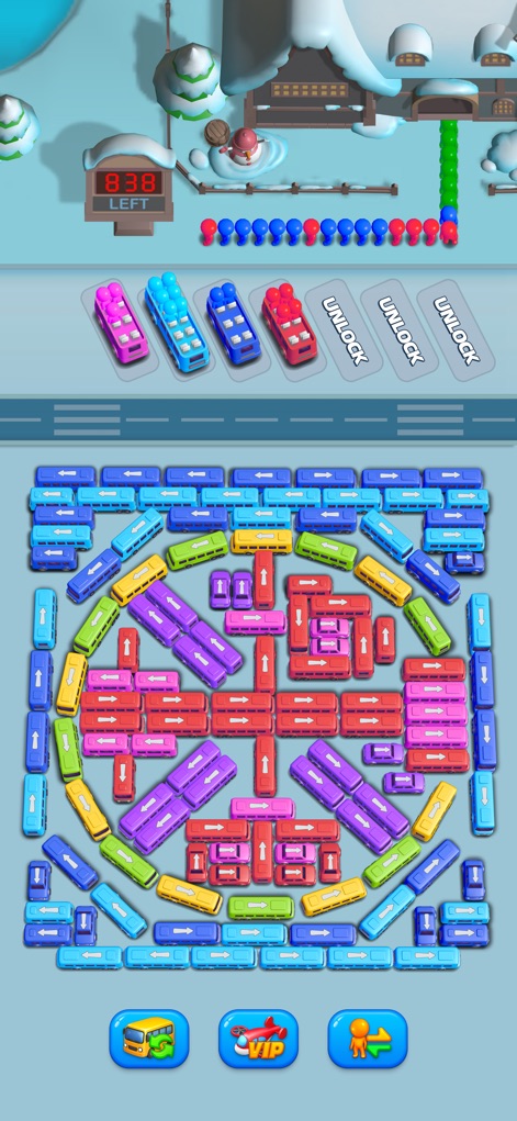 Bus Go - Car Jam,Bus Games - Experience diverse game environments, such as this winter scene complete with snowy trees, while the "838 LEFT" counter indicates a significant number of remaining puzzle elements.