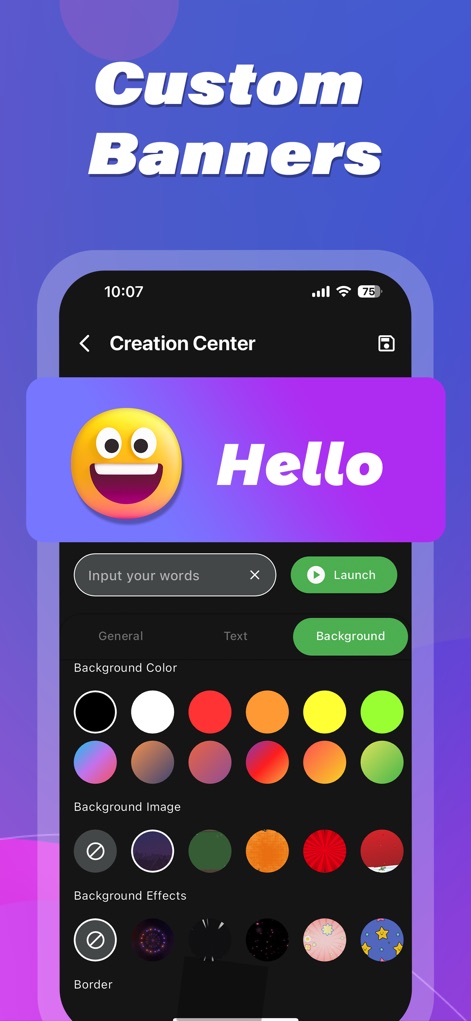 LED Banner : Make It Big Text - La interfaz del "Centro de Creación" permite a los usuarios diseñar banners únicos, eligiendo entre una amplia paleta de colores para el fondo y añadiendo emojis personalizados.