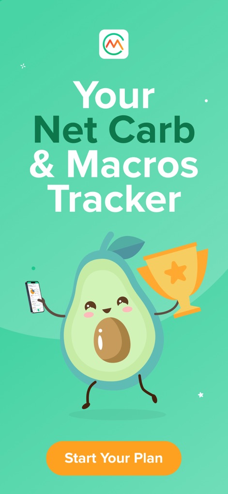 Carb Manager—Keto Diet Tracker - Discover the app's friendly interface featuring an animated avocado guide and a clear 'Start Your Plan' call to action.