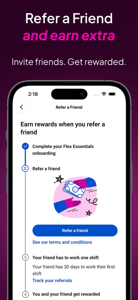 Indeed Flex - Job Search App Store screenshot 4, headline “Refer a Friend and earn extra”. Pink.