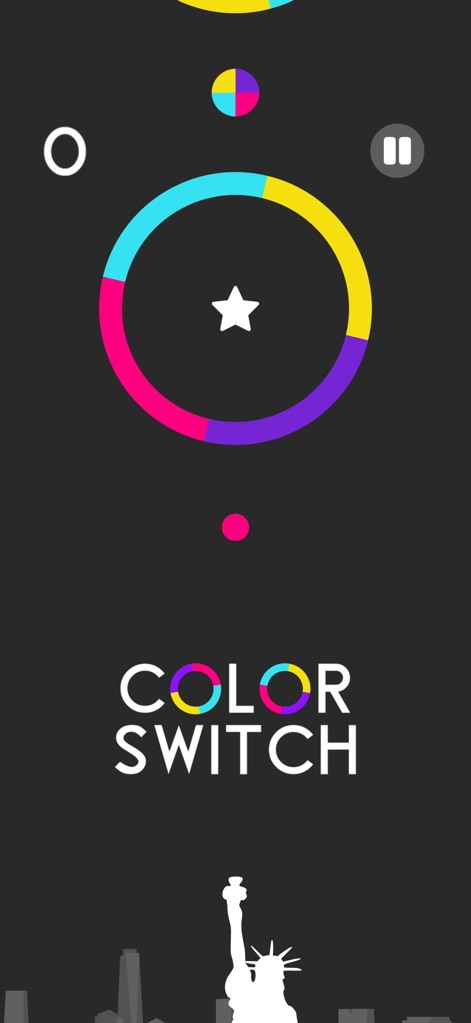 Color Switch - La captura exhibe el distintivo título del juego "COLOR SWITCH" sobre un fondo que incluye la silueta de la Estatua de la Libertad, estableciendo la identidad visual de la aplicación.