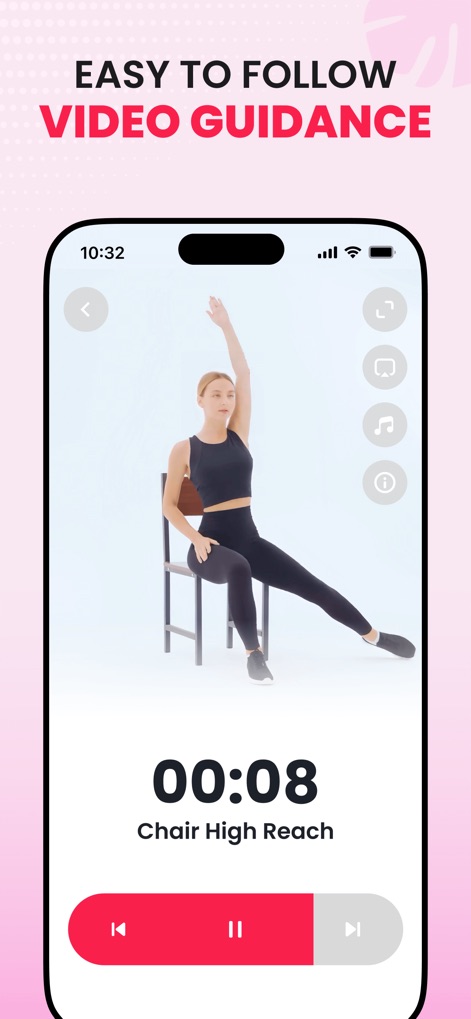 ChillFit: Home Workout Planner - Les utilisateurs bénéficient de vidéos d'exercices détaillées avec un chronomètre intégré et des instructions précises pour chaque mouvement comme le "Chair High Reach".