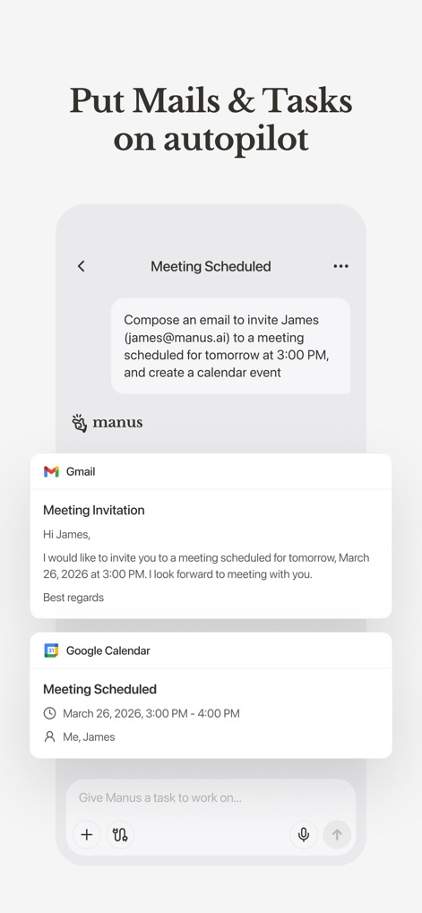 Manus - AI Agent & Automation - O aplicativo automatiza tarefas de comunicação e organização, exemplificado pela composição de um e-mail no 'Gmail' e a criação de um evento no 'Google Calendar'.