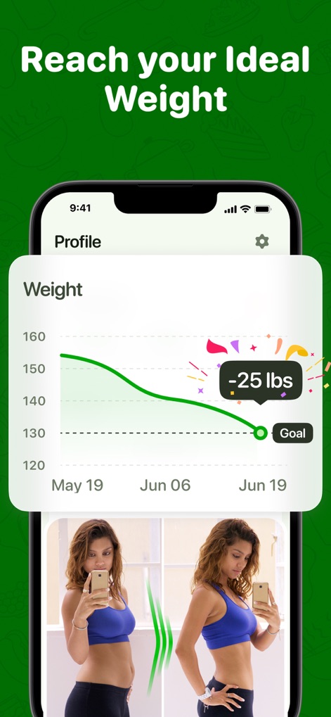 Calo: AI Food Calorie Counter - This tool empowers users to visualize their weight loss journey through a clear progress graph, prominently featuring a '-25 lbs' milestone and a goal line for sustained motivation.