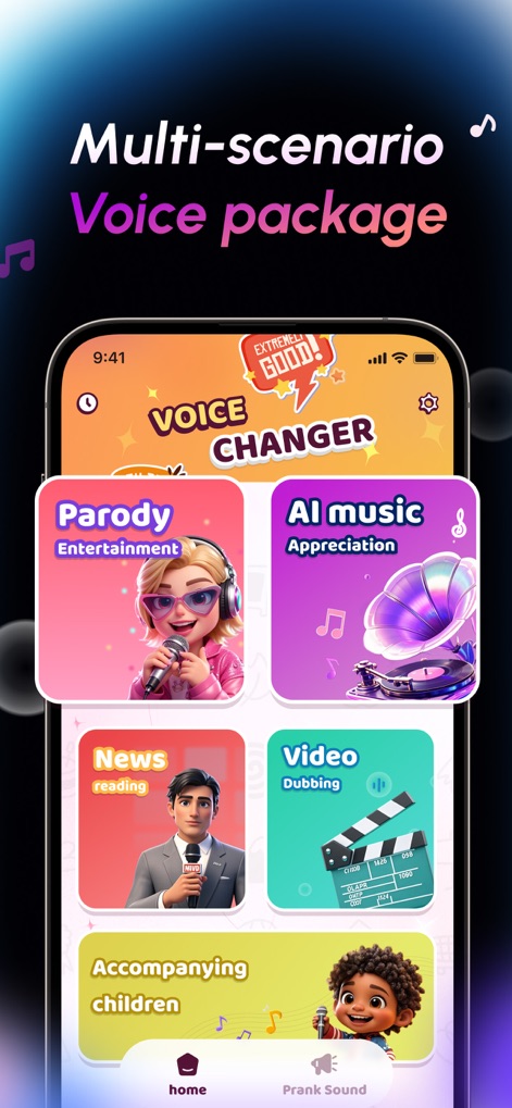 Prank App-Funny Voice Changer - Accédez à des collections vocales adaptées à divers scénarios, comme les options de 'Parody Entertainment' ou les modules pour le 'News reading'.