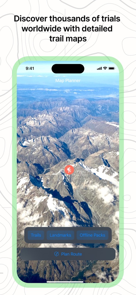 Offline RouteMap 3D - Users can discover stunning trails with the app, showcasing a panoramic view of snow-capped mountains and a prominent hiker trail marker.