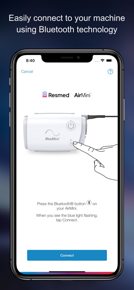 AirMini™ by ResMed - Users can easily connect their device via the app's intuitive interface, featuring clear instructions to press the Bluetooth button and a prominent "Connect" option.