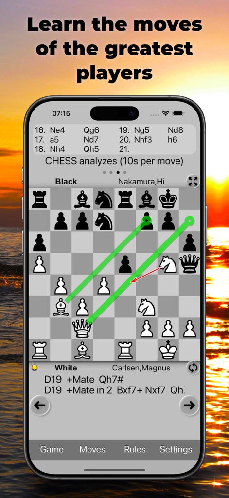Chess without ads - This tool demonstrates top-tier move sequences through green suggestion lines and provides advanced engine analysis including mate-in-X calculations.