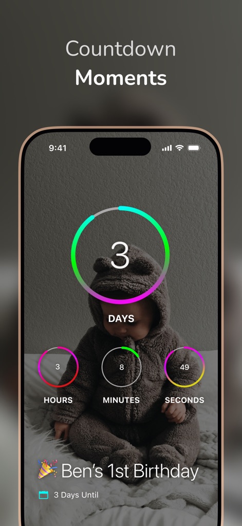 DayCount - The app features a prominent countdown for upcoming events, showing days until, with supporting hours, minutes, and seconds counters on a relevant background image.