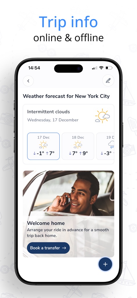 CheckMyTrip – Travel Itinerary - This view integrates useful information such as a detailed weather forecast for the destination and options for booking travel extras like airport transfers.