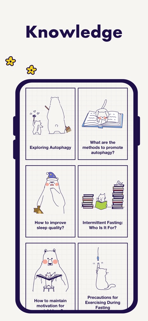 Intermittent Fasting Tracker ⁺ - The app offers valuable "Knowledge" articles, covering topics such as "Exploring Autophagy" and "How to maintain motivation for weight loss" to empower users.