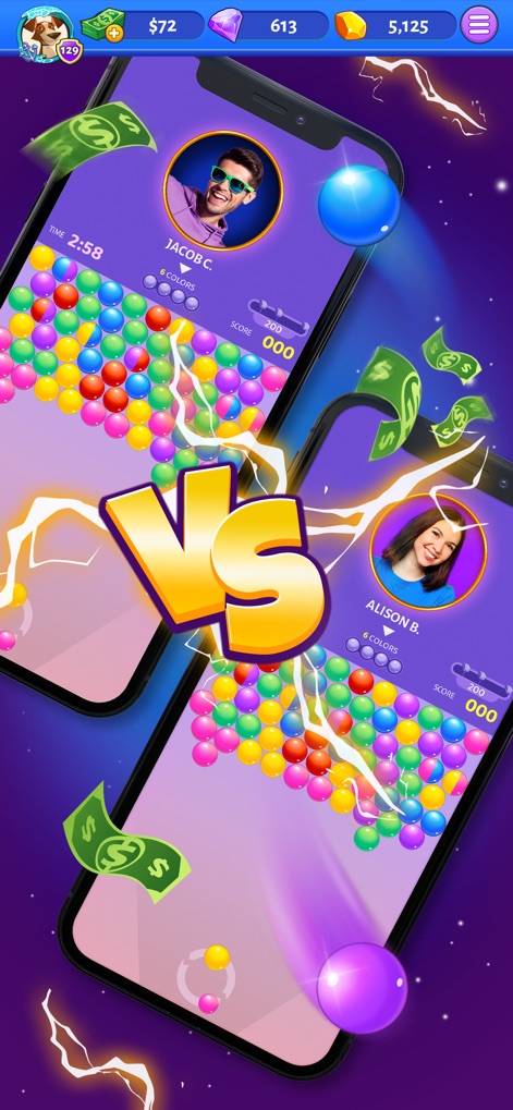 Bubble Cash - Engage in thrilling head-to-head multiplayer competitions, highlighted by the split-screen gameplay and individual player profile cards.