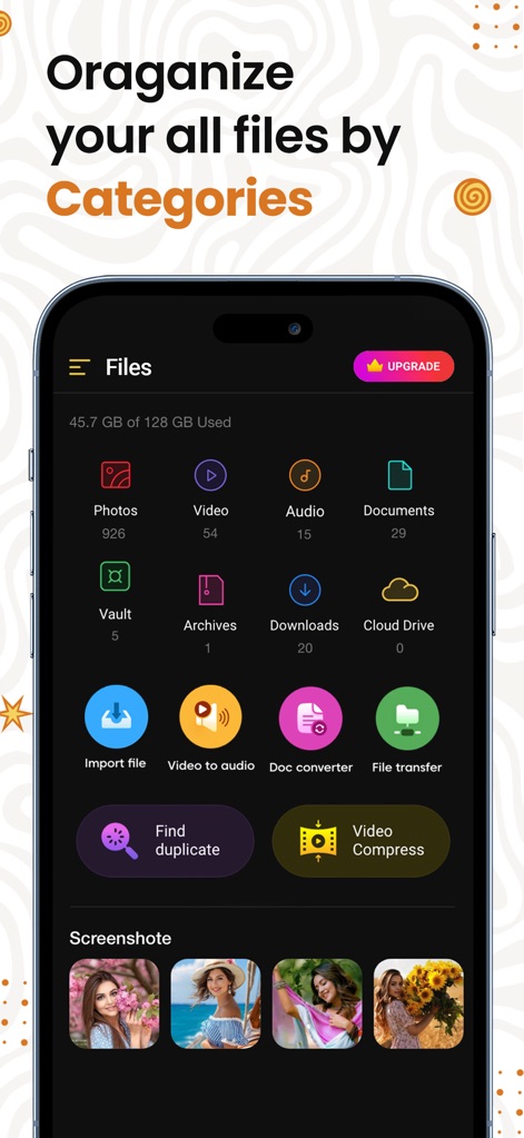 File Managers - ユーザーは、カテゴリ別に分類されたファイル表示により、写真や動画、文書などのコンテンツを効率的に管理し、重複ファイル検索や動画圧縮といったユーティリティ機能を活用できます。