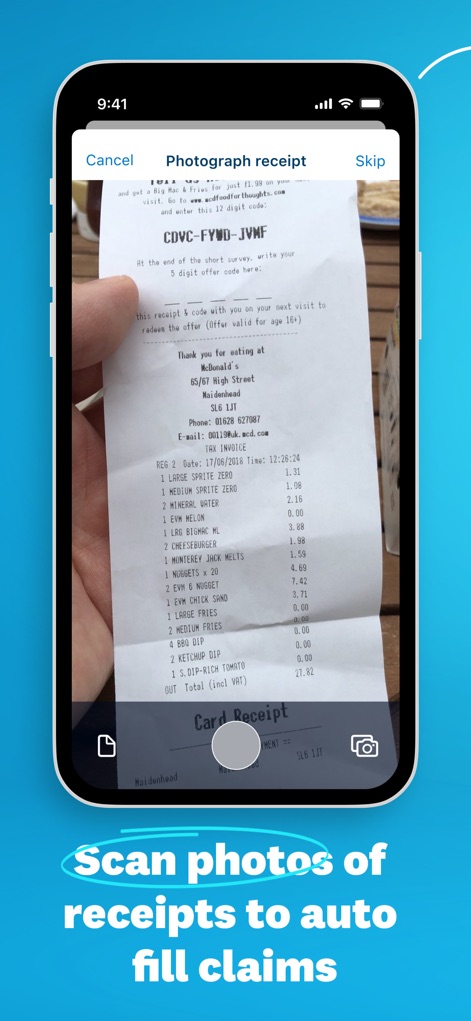 Xero Me - The app demonstrates intelligent receipt capture by displaying a detailed paper receipt and the user interface for taking a photograph, streamlining expense claim auto-filling.