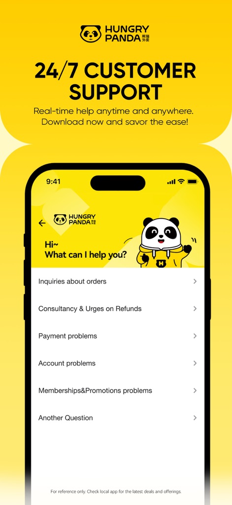 HungryPanda熊猫外卖 - L'app offre un supporto clienti robusto e accessibile, con la dicitura "24/7 customer support" e un elenco chiaro di "opzioni per le richieste" che include problemi con ordini e rimborsi.