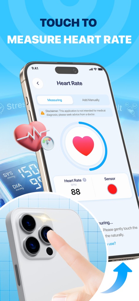 BP Tracker: Pressure Log - The app allows users to quickly measure their heart rate by placing a finger on the camera sensor, displaying results with a clear BPM readout and an animated heart icon.