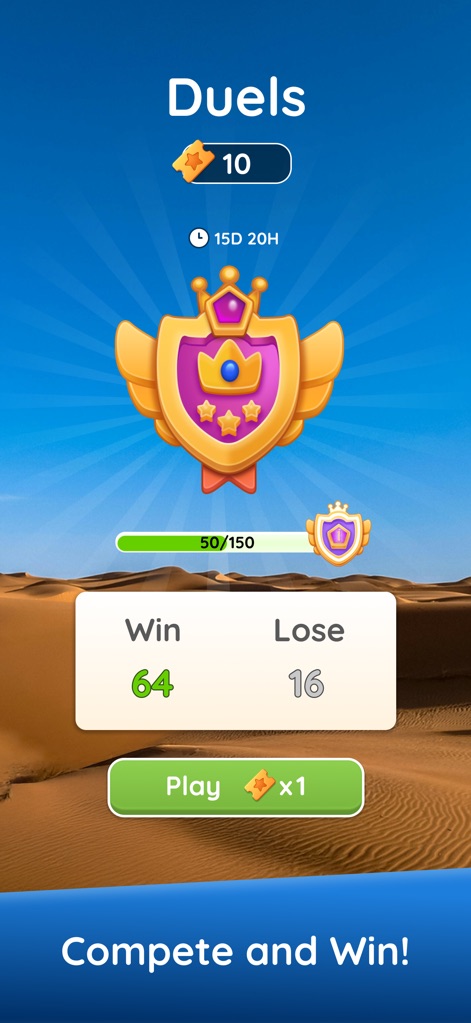 Zen Math Crossword - Users can engage in competitive duels, with the prominent trophy icon representing victory and detailed win/lose statistics tracking performance.