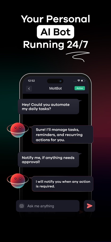 ClawOn - OpenClaw Agent AI App - This view demonstrates the AI's capability for task automation, featuring conversational exchanges about managing reminders and receiving automated notifications.