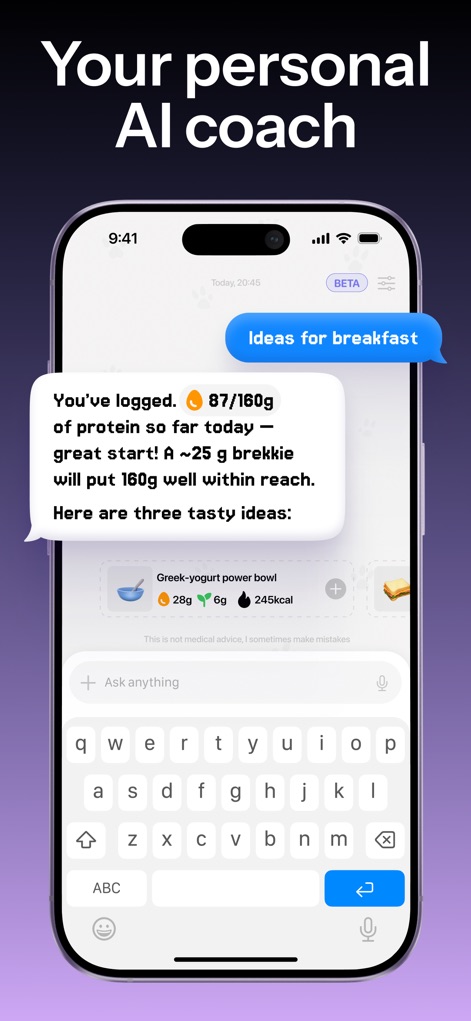 MeAgain: GLP-1 all-in-one app - Engage with the app's AI coach for personalized dietary advice, such as 'ideas for breakfast', and a summary of your logged protein intake.