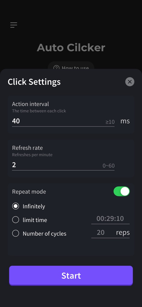 Auto Clicker：Automatic Tapper - Las opciones de configuración detallada permiten a los usuarios ajustar el "Action interval" y "Refresh rate", además de elegir entre las distintas opciones de "Repeat mode" para una personalización total de la automatización.