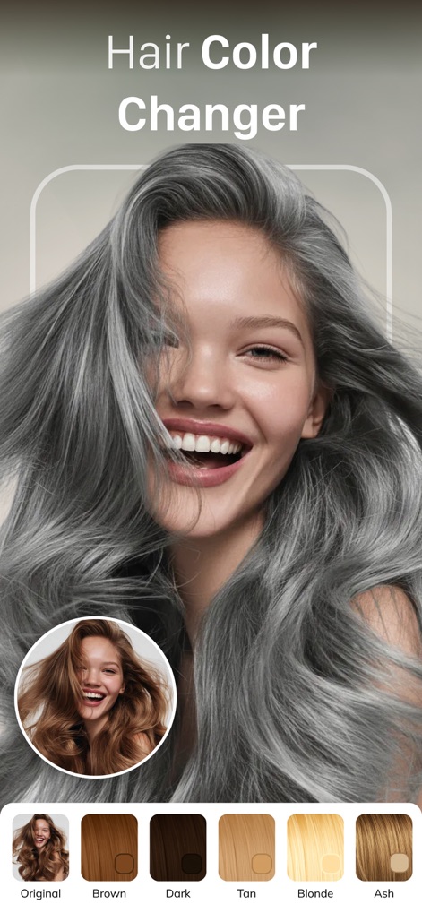 HairApp: AI Hairstyle Try On - Les utilisateurs peuvent visualiser des changements de couleur de cheveux en temps réel, explorant des teintes comme le gris tendance et le brun naturel.
