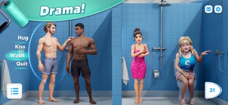 Modern Community - L'application immerge les joueurs dans des scénarios captivants, comme le montre ce moment de tension entre les personnages en sous-vêtements dans la salle de bain et les choix interactifs qui influencent le déroulement de l'histoire.