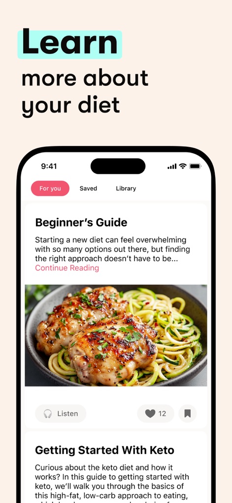 Formula － weight loss diet app - This tool offers rich educational content, such as a 'Beginner's Guide', and empowers users with interactive options like listening to articles or saving them for future reference.