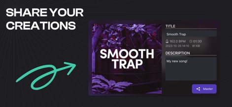 Remixlive - Make Music & Beats - Showcase finished tracks with a detailed information card displaying title and BPM, then easily share them with the world using the prominent 'Master' share button.