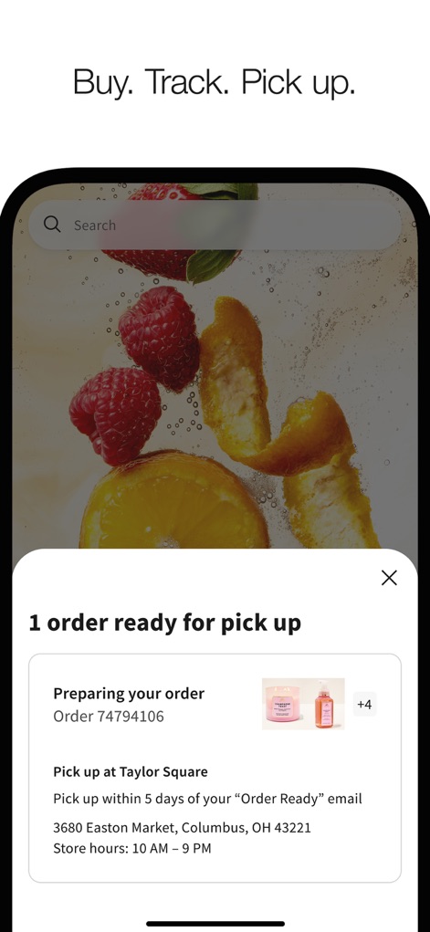Bath & Body Works | B&BW - This tool provides comprehensive order management capabilities, showing users their '1 order ready for pick up' status and an intuitive 'Search' bar for quick navigation.