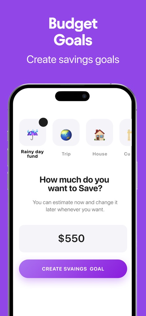 Buddy: Budget Planner App - Cet outil permet de définir des objectifs d'épargne personnalisés grâce à des icônes thématiques et une saisie facile du montant désiré.