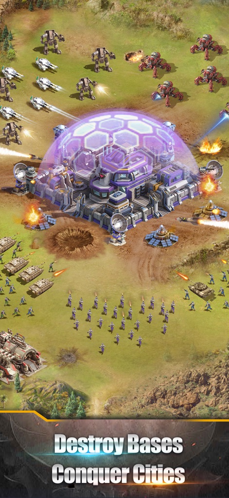 Age of Warpath: Global Warzone - Experience the intensity of large-scale siege warfare, where diverse military units converge to attack a shielded enemy stronghold, aiming to destroy bases and conquer cities.
