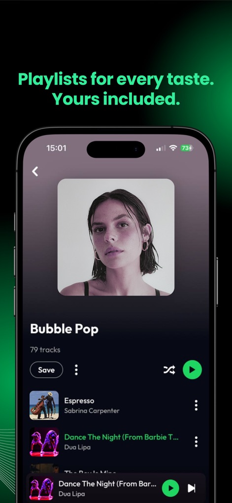 Lyra - Music, Radio, eSound - The app showcases curated playlist details, featuring clear album art thumbnails for each track and convenient save/shuffle options for personalized listening.
