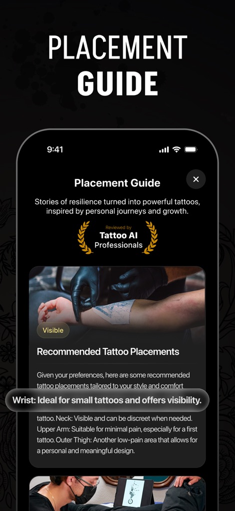 Tattoo AI - Tattoo Design - Review the expert 'Placement Guide' that offers recommendations for optimal body areas and highlights specific details like wrist suitability.