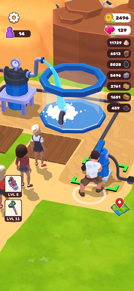 Wasteland Life: Survival Idle - Esta escena ilustra la gestión de recursos esenciales, con personajes operando una bomba de agua manual y la gran piscina circular en proceso de llenado.