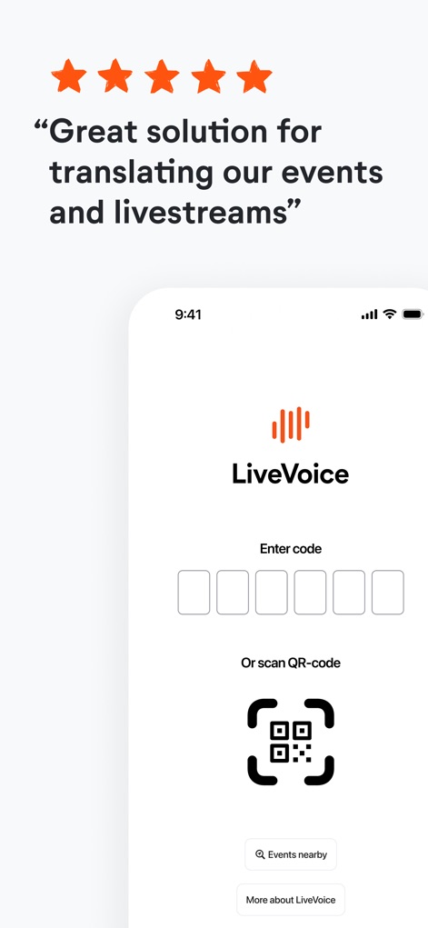 LiveVoice - Os usuários podem iniciar sua experiência de evento de forma rápida, inserindo um 'código de convite' de seis dígitos ou utilizando a funcionalidade 'scanner de QR Code' para uma entrada sem complicações, garantindo acesso imediato aos canais de áudio.
