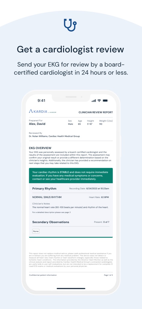 Kardia - The app facilitates professional medical oversight by generating comprehensive Clinician Review Reports, detailing primary rhythm findings and secondary observations from cardiologists.