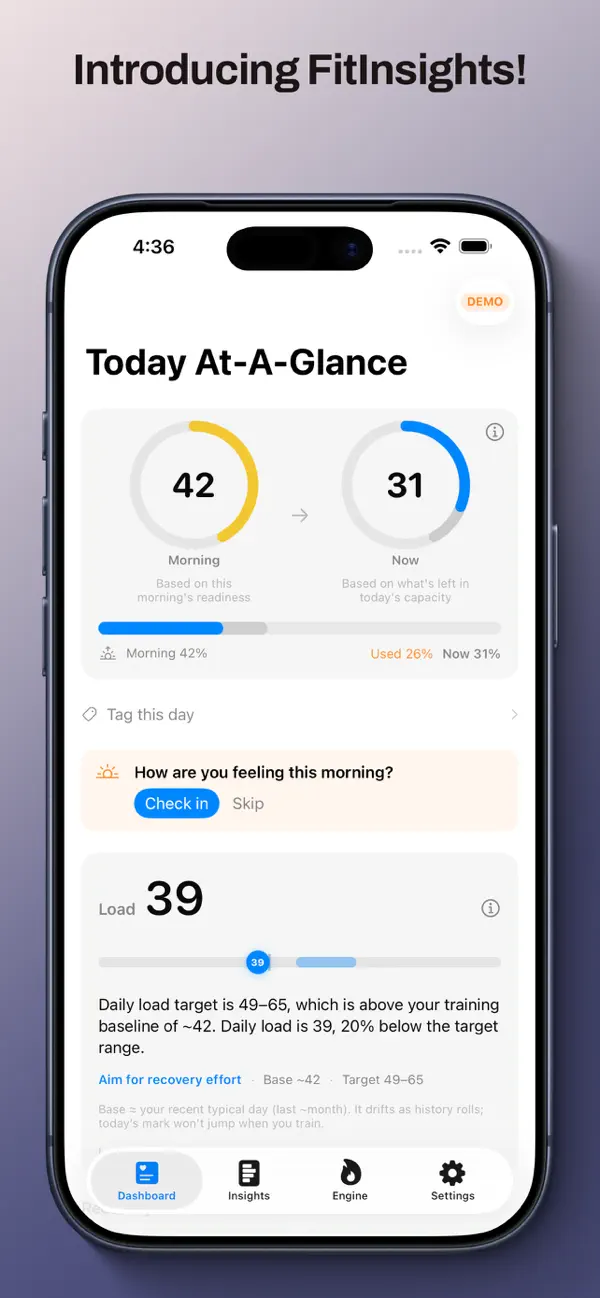 FitInsights App Store demo showing Morning and Now capacity rings and Load against a target band