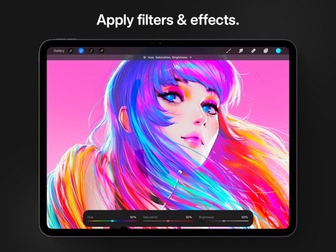 Procreate - Un retrato con cabello multicolor brillante se ajusta utilizando los controles deslizantes de 'Hue', 'Saturation' y 'Brightness', demostrando las potentes herramientas de ajuste de imagen de la aplicación.
