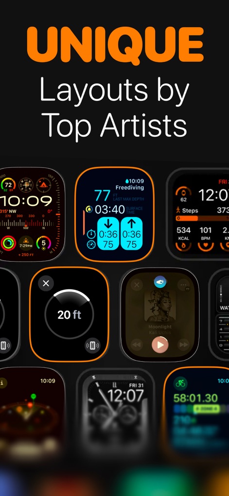 Watch Faces Gallery & Themes - Explore a gallery of unique watch face layouts created by top artists, showcasing diverse aesthetic styles and intricate informational displays.