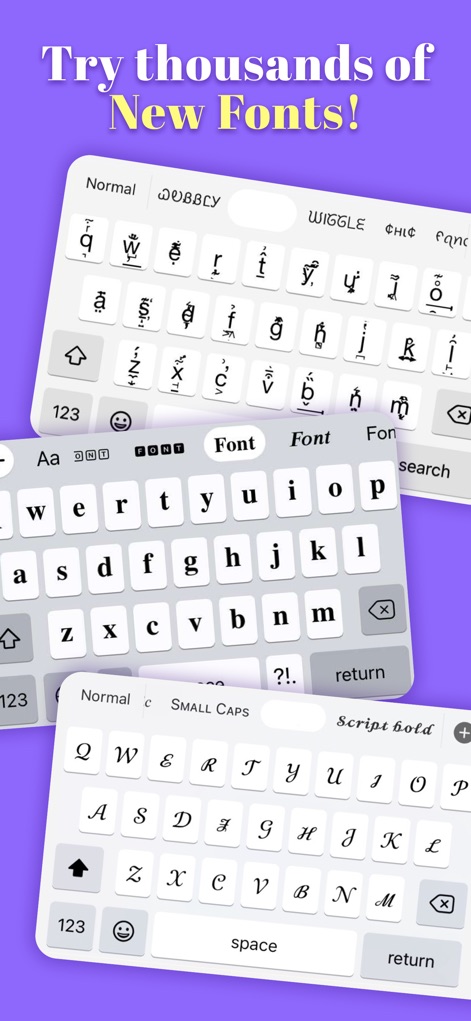 Text Designer - Font Keyboard - The app presents a vast selection of font styles directly on the keyboard, allowing users to instantly preview and choose from over 50 distinct text options.