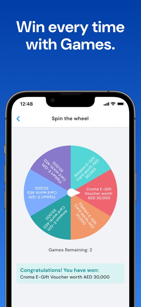 FAB Mobile Banking - ゲーム画面では、ユーザーは「Spin the wheel」で運試しをして、「Croma E-Gift Voucher worth AED 30,000」のような魅力的な賞品を獲得できます。