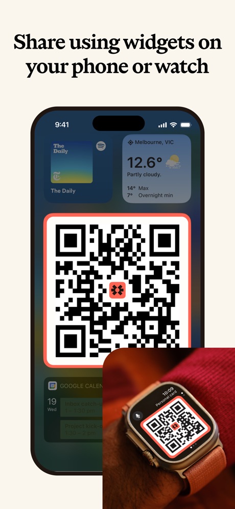Blinq: Digital Business Card App Store screenshot 4, headline “Share using widgets on your phone or watch”. Watch, iPad or Mac beside it.