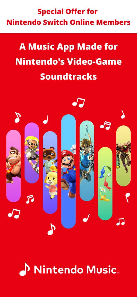 Nintendo Music - The app's splash screen visually represents its purpose by showcasing iconic Nintendo characters within colorful musical bars and emphasizing its dedicated focus on video game soundtracks.