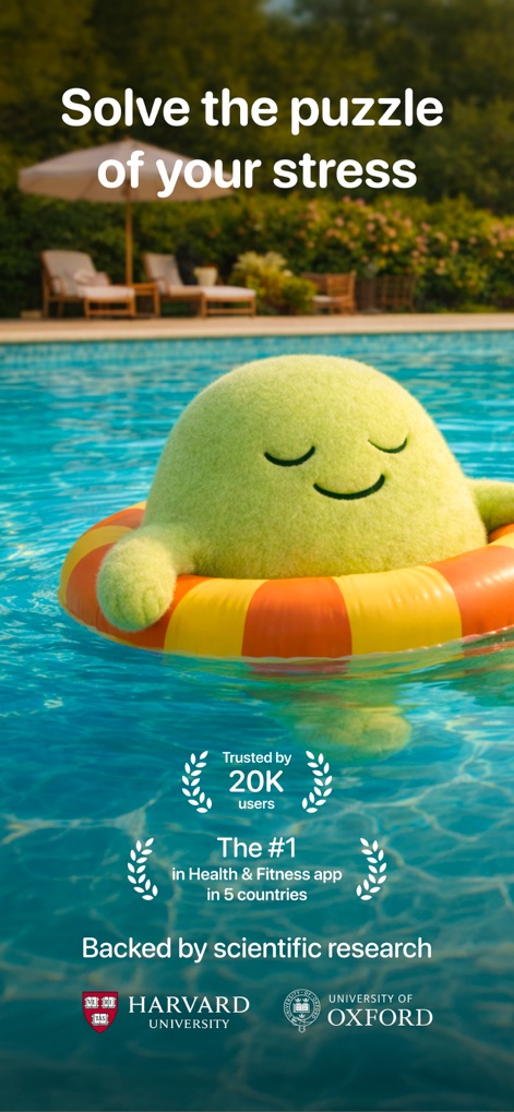 Harvee: Watch Stress Monitor - This initial screen showcases the app's commitment to user well-being through its comforting visual identity and prominently displays its impressive user trust and scientific endorsements.